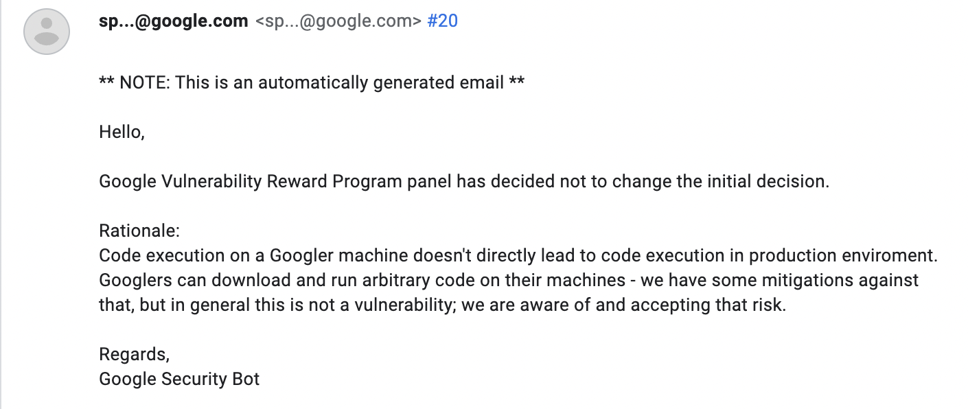 Screenshot of reply from Google explaining the bug bounty amount