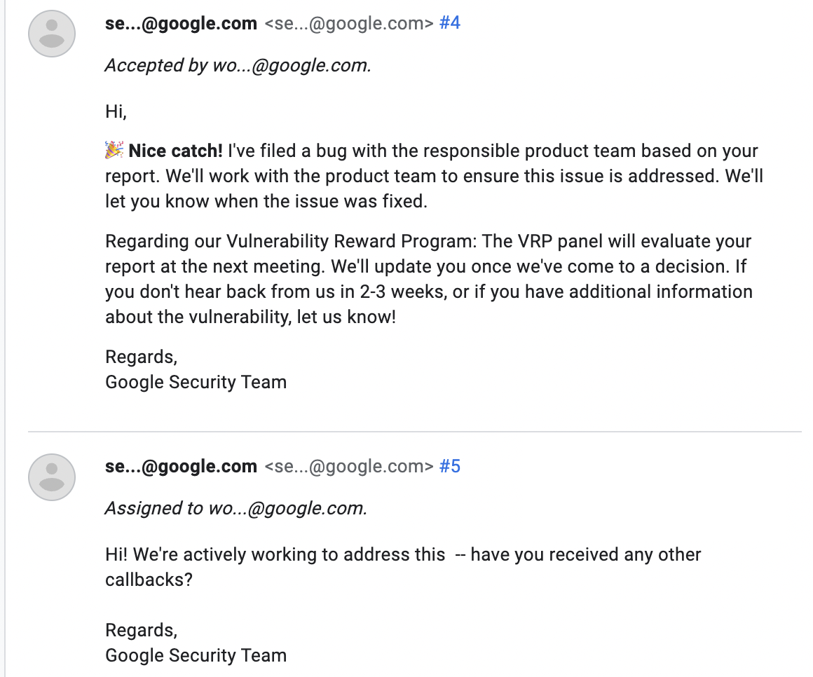 Screenshot of an email conversation with Google after I first submitted the bug