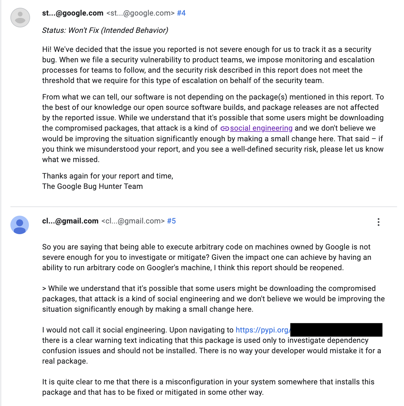 Screenshot of reply from Google after reporting the bug again