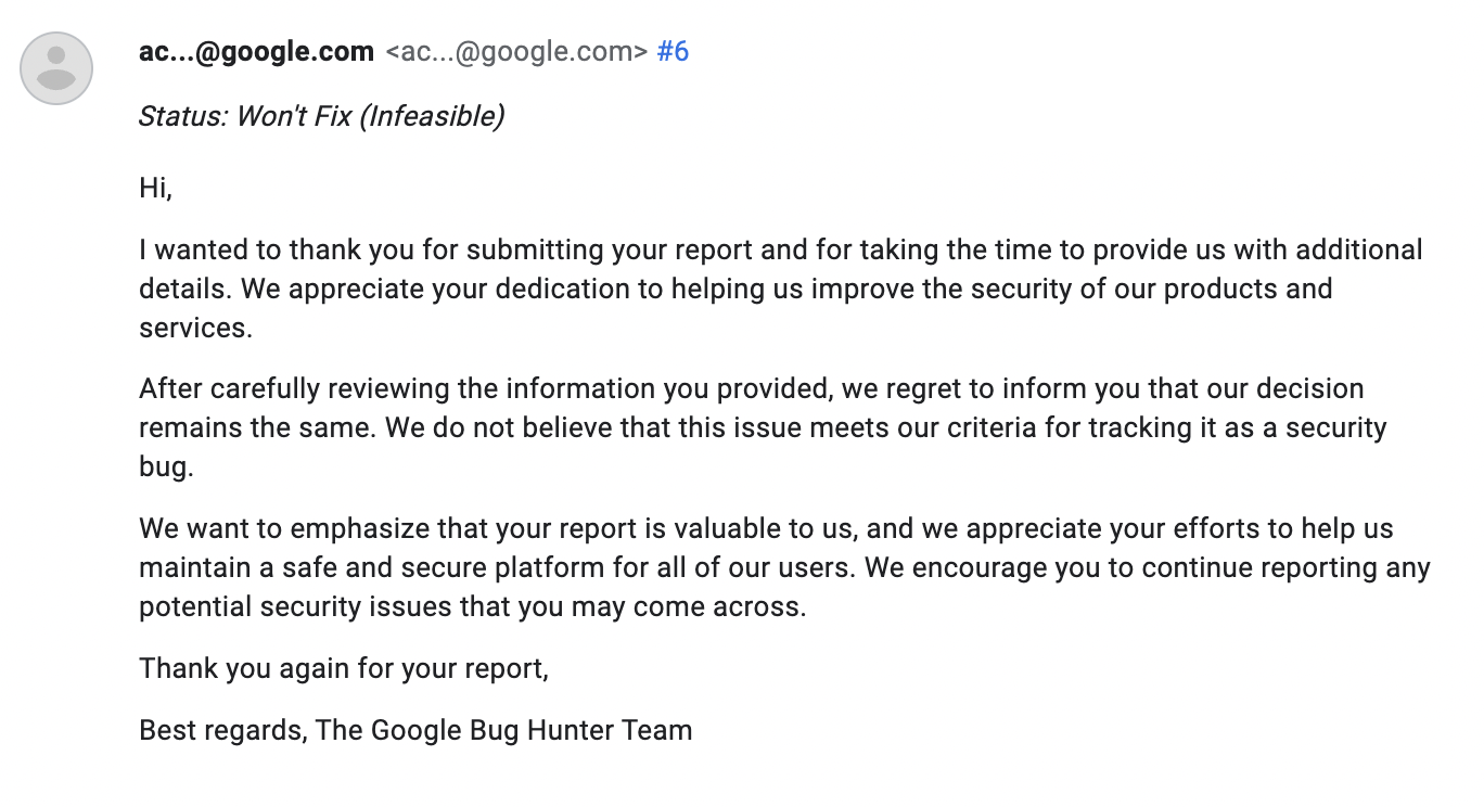 Screenshot of reply from Google after trying to explain to Google the bug once again